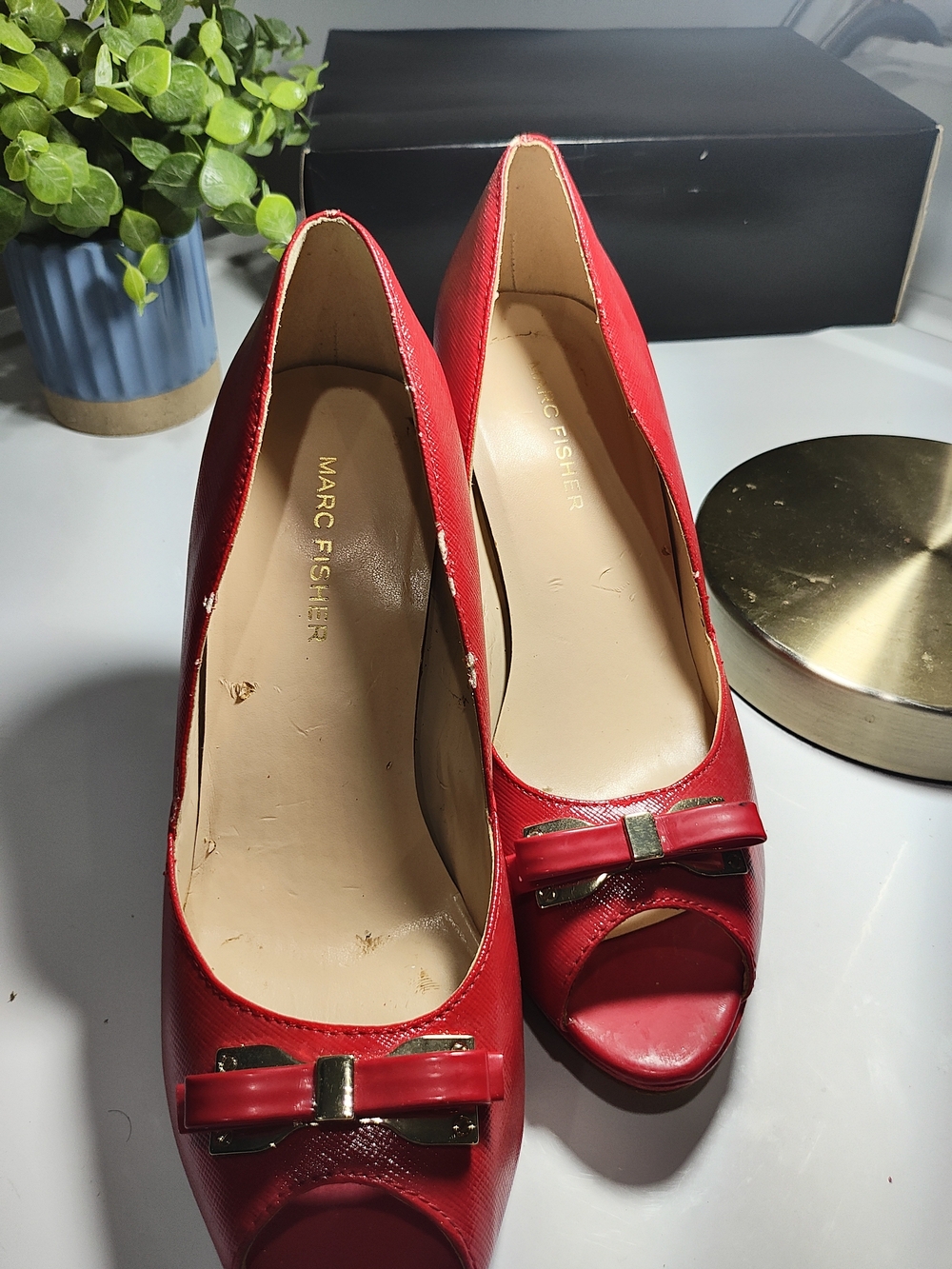 Marc Fisher Red Peep-Toe Pumps with Bow and Gold Accent